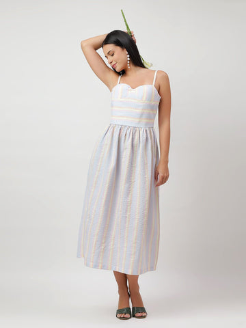 Seersucker Pin Stripes Elegant Midi Dress - THE STYIO DIVAAS