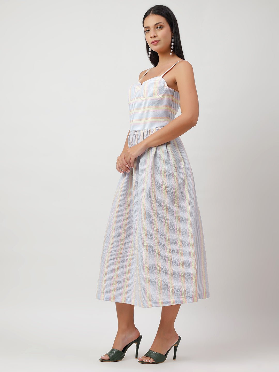 Seersucker Pin Stripes Elegant Midi Dress - THE STYIO DIVAAS