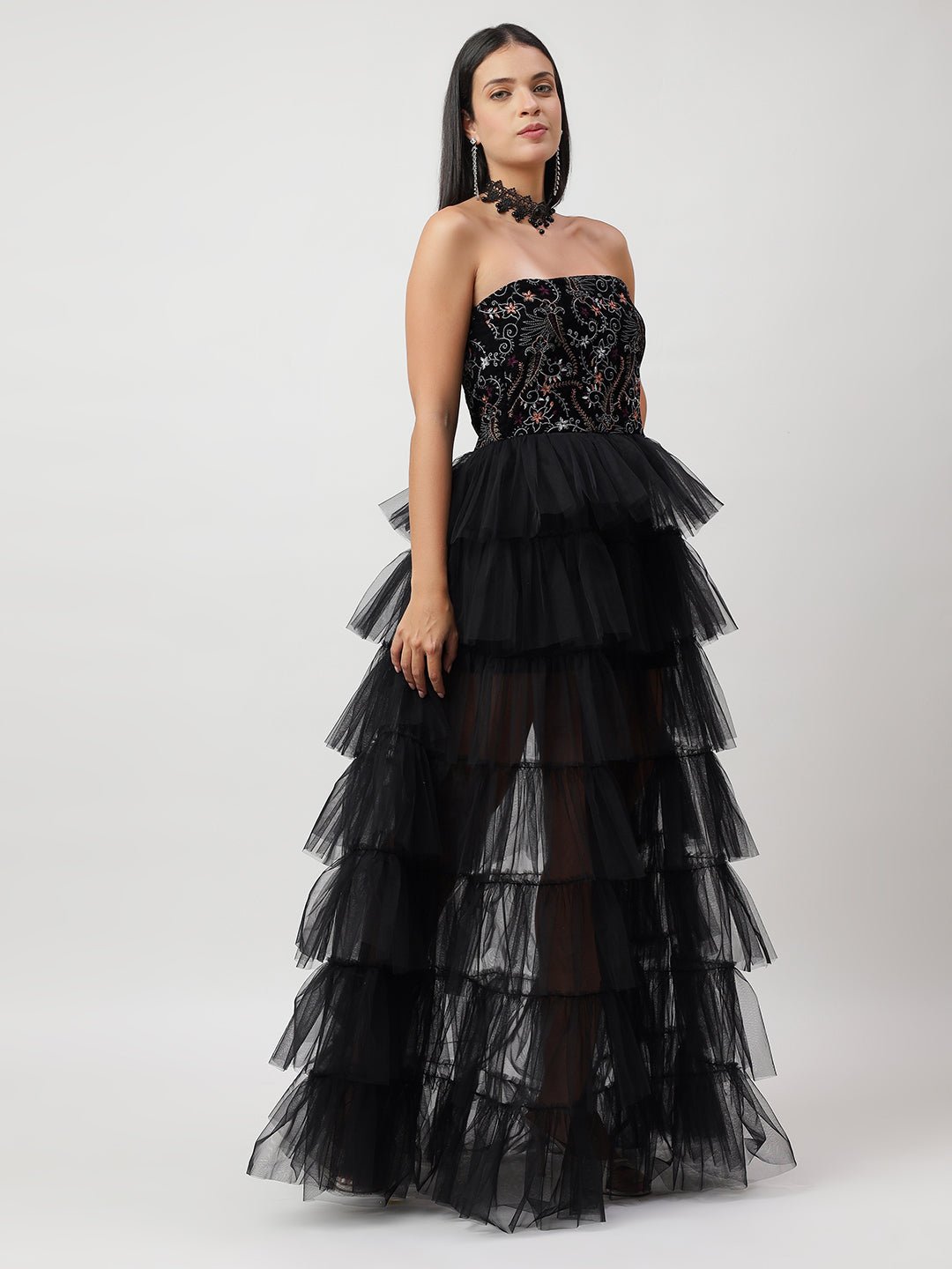 Luxurious Embroidered Ruffle Long Flared Dress - THE STYIO DIVAAS