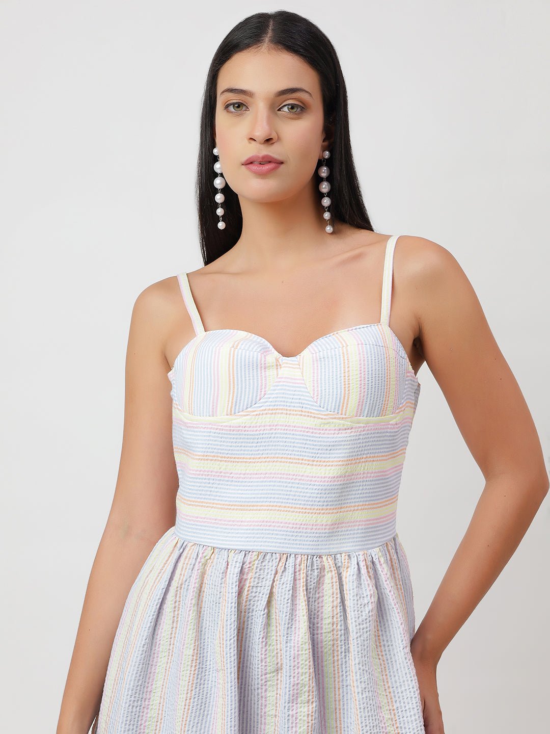 Seersucker Pin Stripes Elegant Midi Dress - THE STYIO DIVAAS