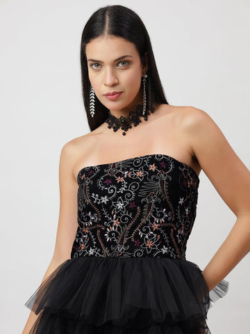 Luxurious Embroidered Ruffle Long Flared Dress - THE STYIO DIVAAS