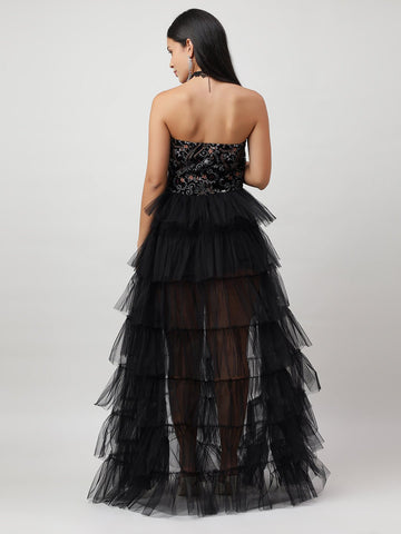 Luxurious Embroidered Ruffle Long Flared Dress - THE STYIO DIVAAS