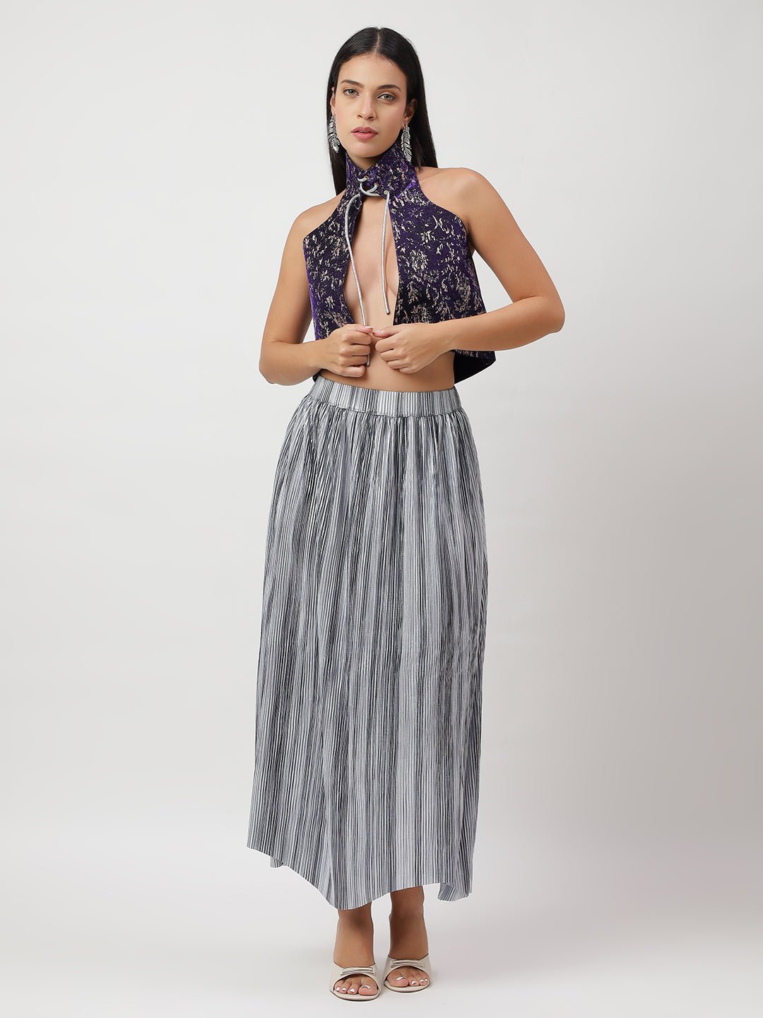 Elegant High - Neck Halter Crop Top With Pleated Long Skirt - THE STYIO DIVAAS