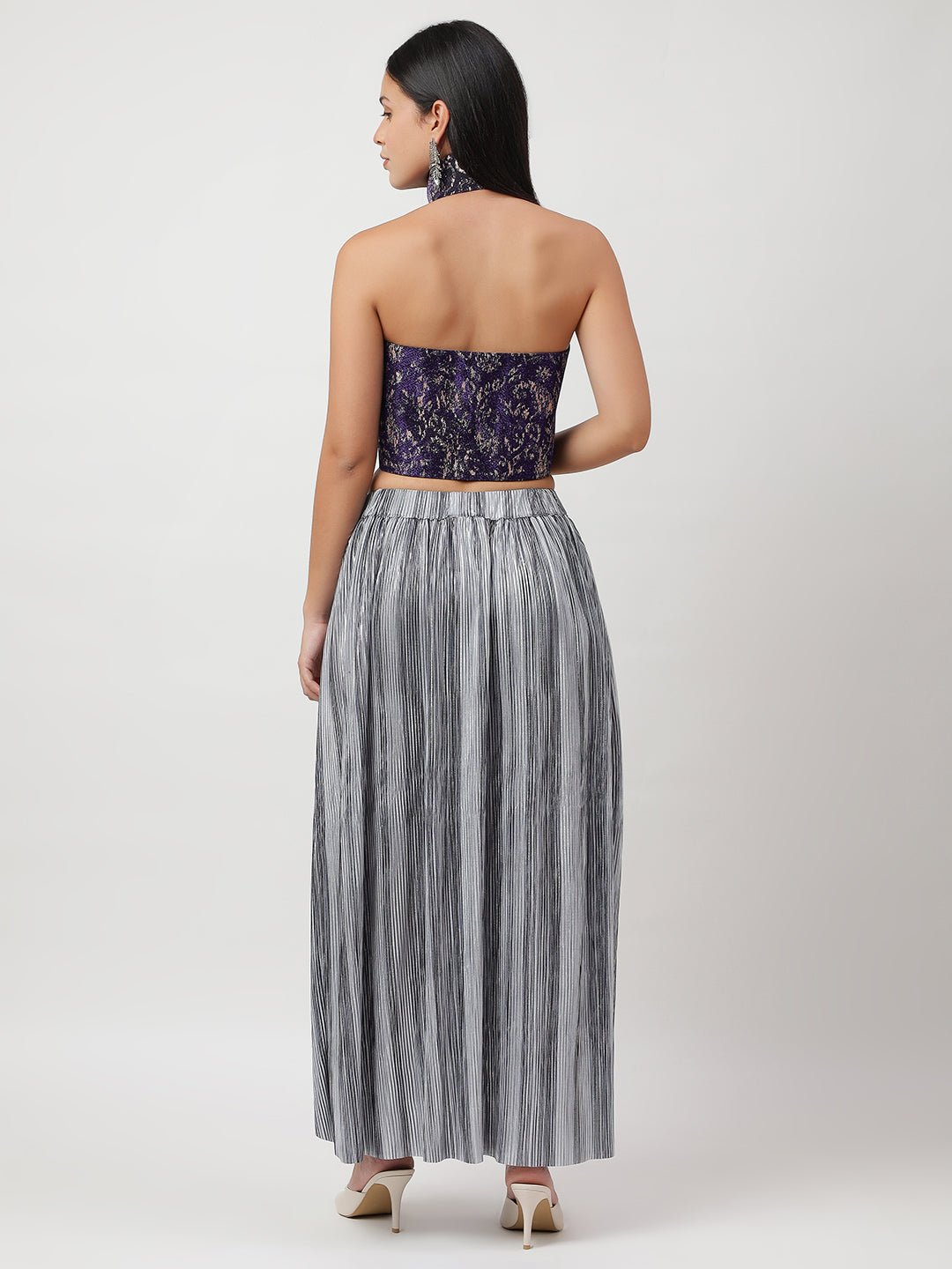 Elegant High - Neck Halter Crop Top With Pleated Long Skirt - THE STYIO DIVAAS